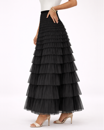 Jupe longue femme – tulle fluide à volants, taille haute | Jupe longue taille haute