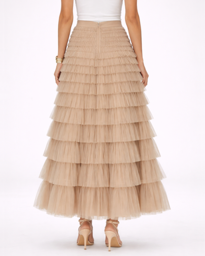 Jupe longue femme – tulle fluide à volants, taille haute | Jupe longue taille haute