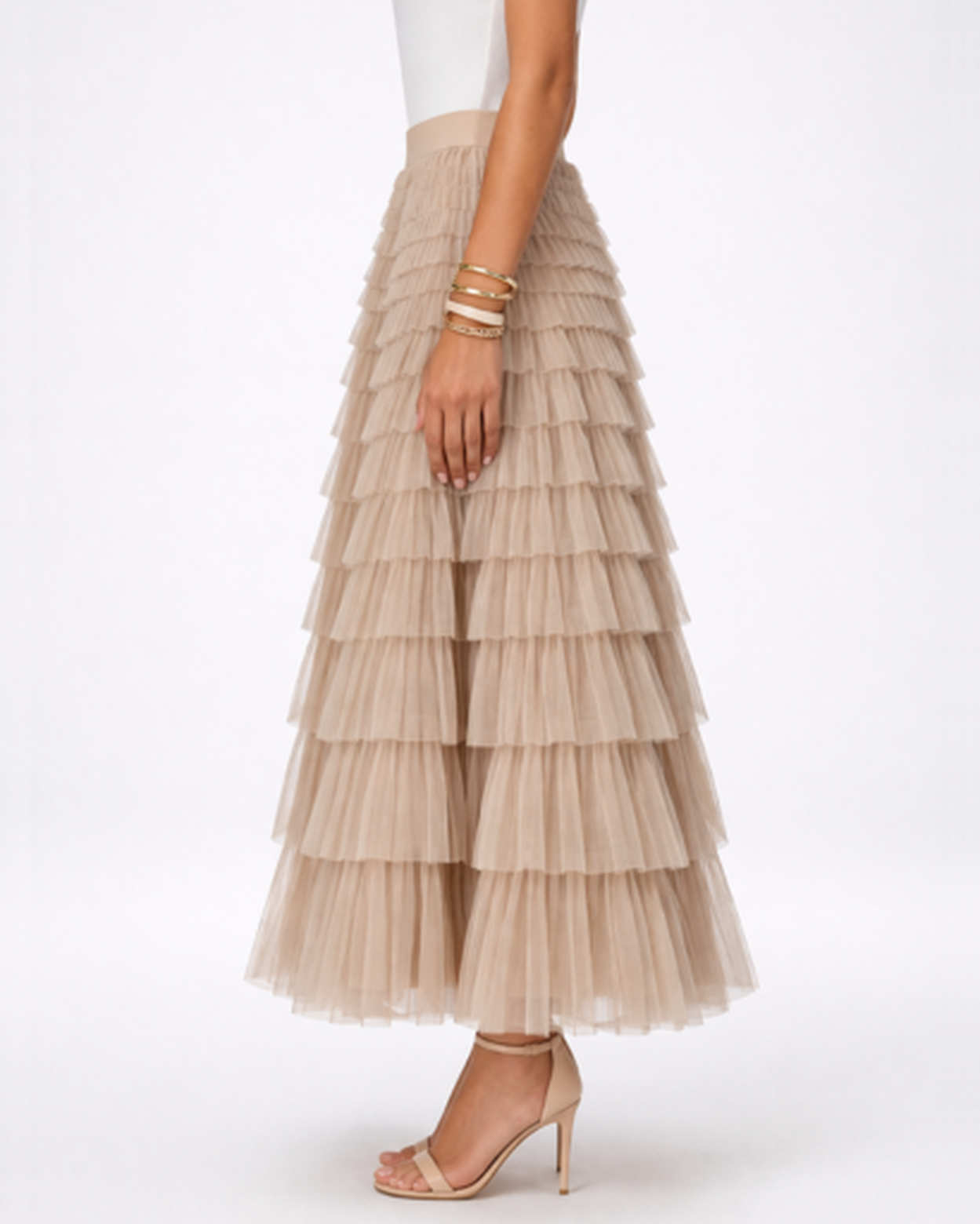 Jupe longue femme – tulle fluide à volants, taille haute | Jupe longue taille haute