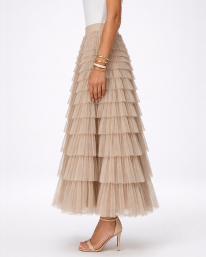 Jupe longue femme – tulle fluide à volants, taille haute | Jupe longue taille haute