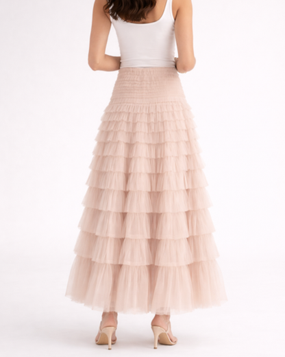 Jupe longue femme – tulle fluide à volants, taille haute | Jupe longue taille haute