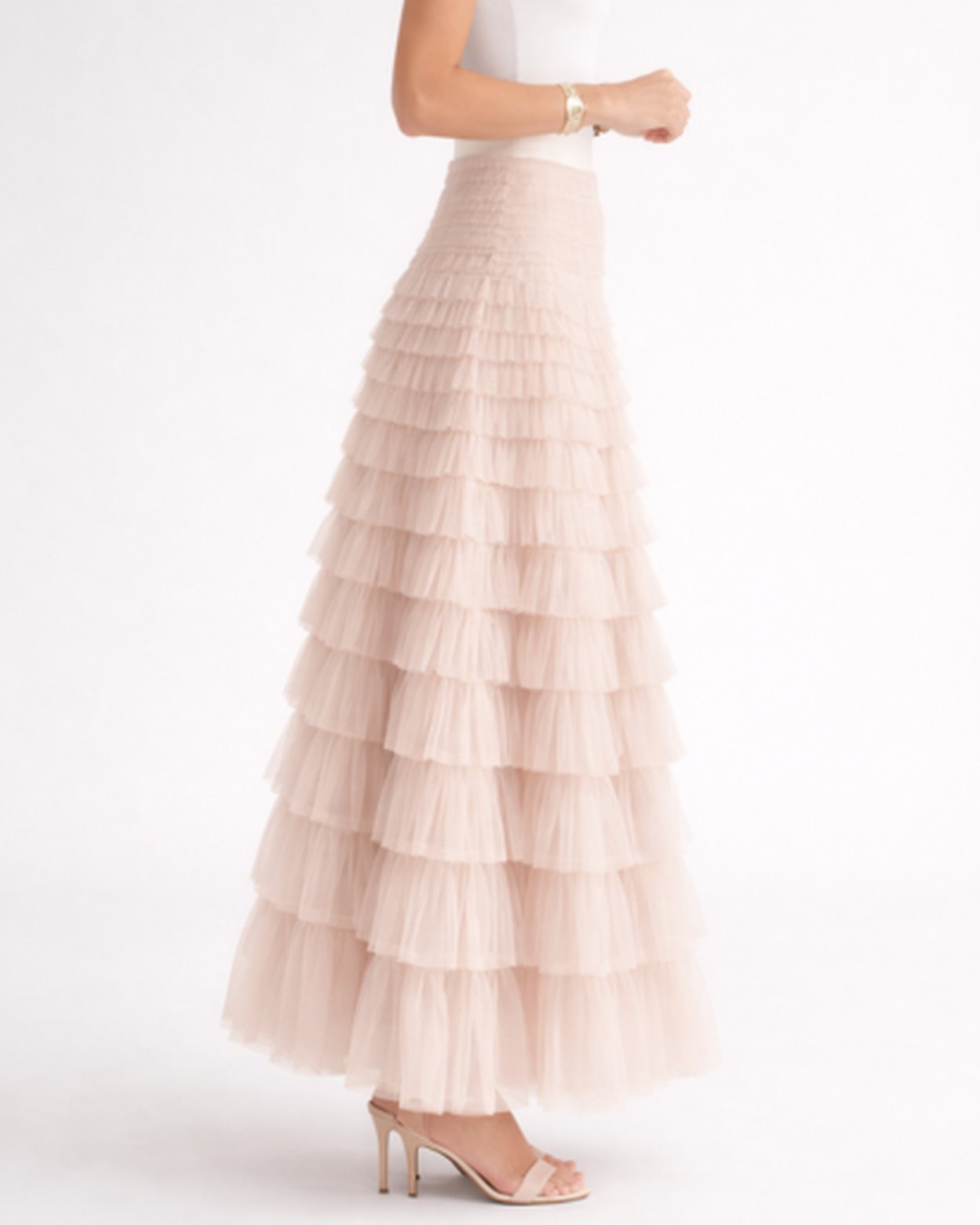 Jupe longue femme – tulle fluide à volants, taille haute | Jupe longue taille haute