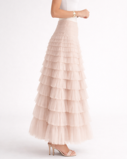 Jupe longue femme – tulle fluide à volants, taille haute | Jupe longue taille haute
