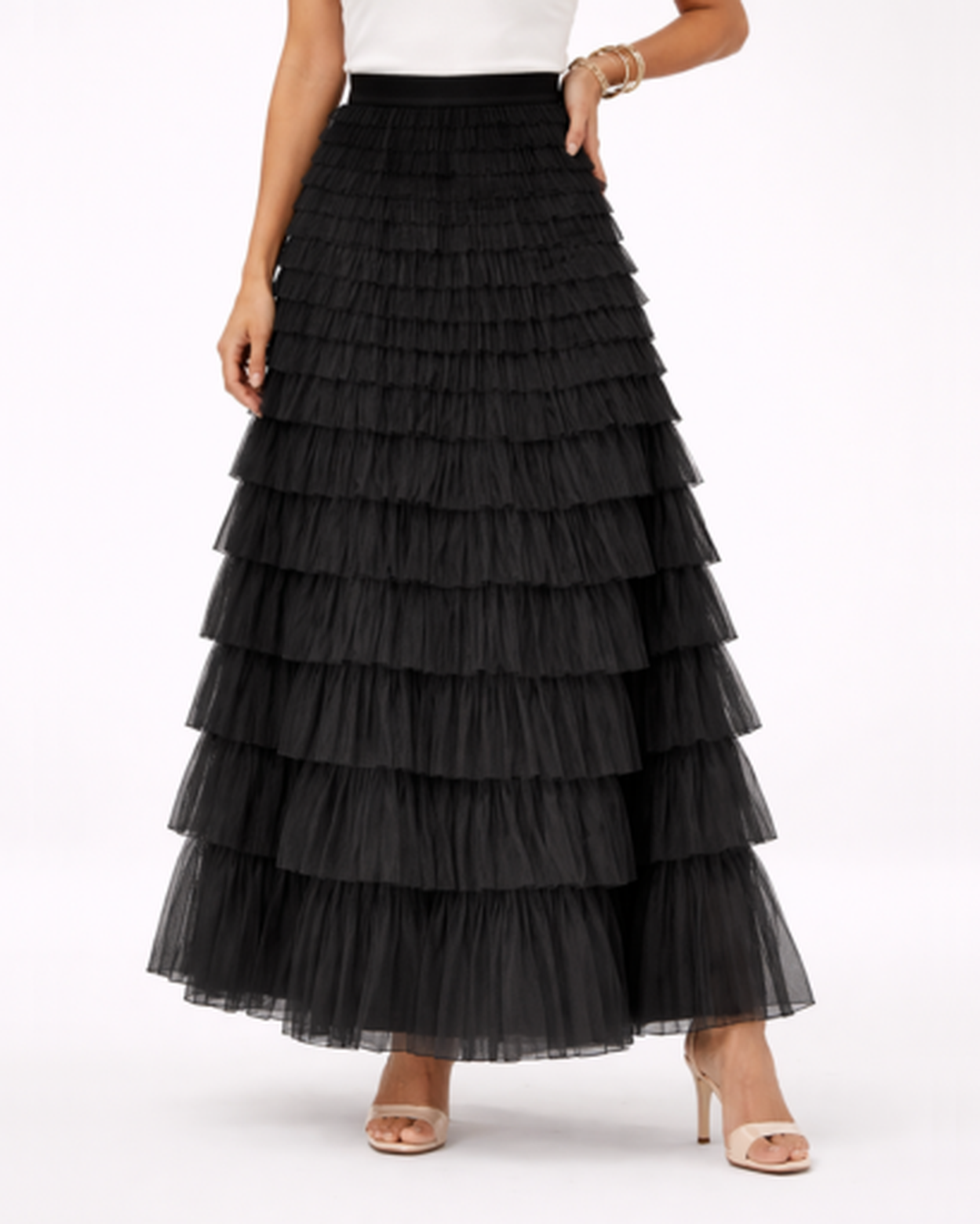 Jupe longue femme – tulle fluide à volants, taille haute | Jupe longue taille haute