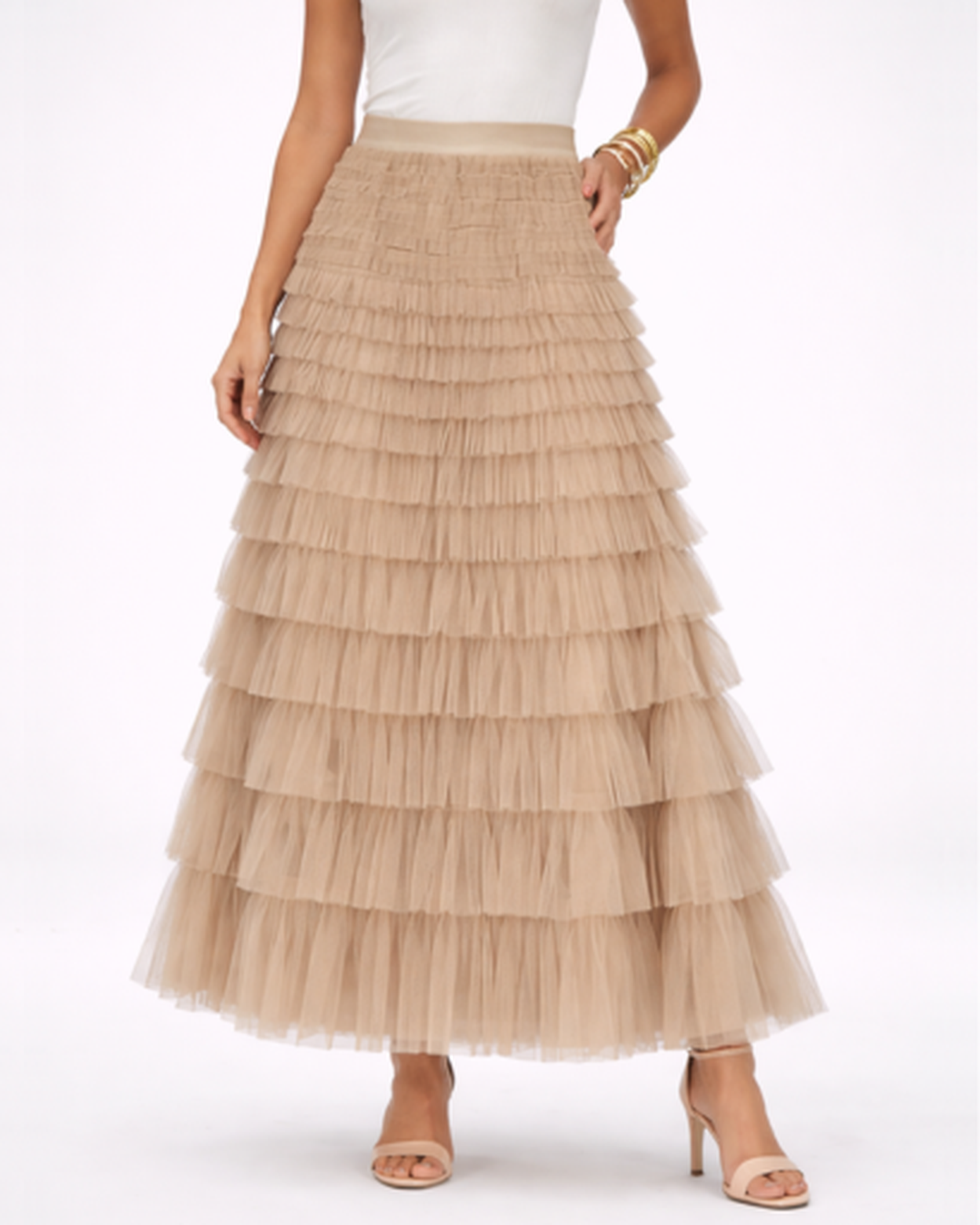 Jupe longue femme – tulle fluide à volants, taille haute | Jupe longue taille haute