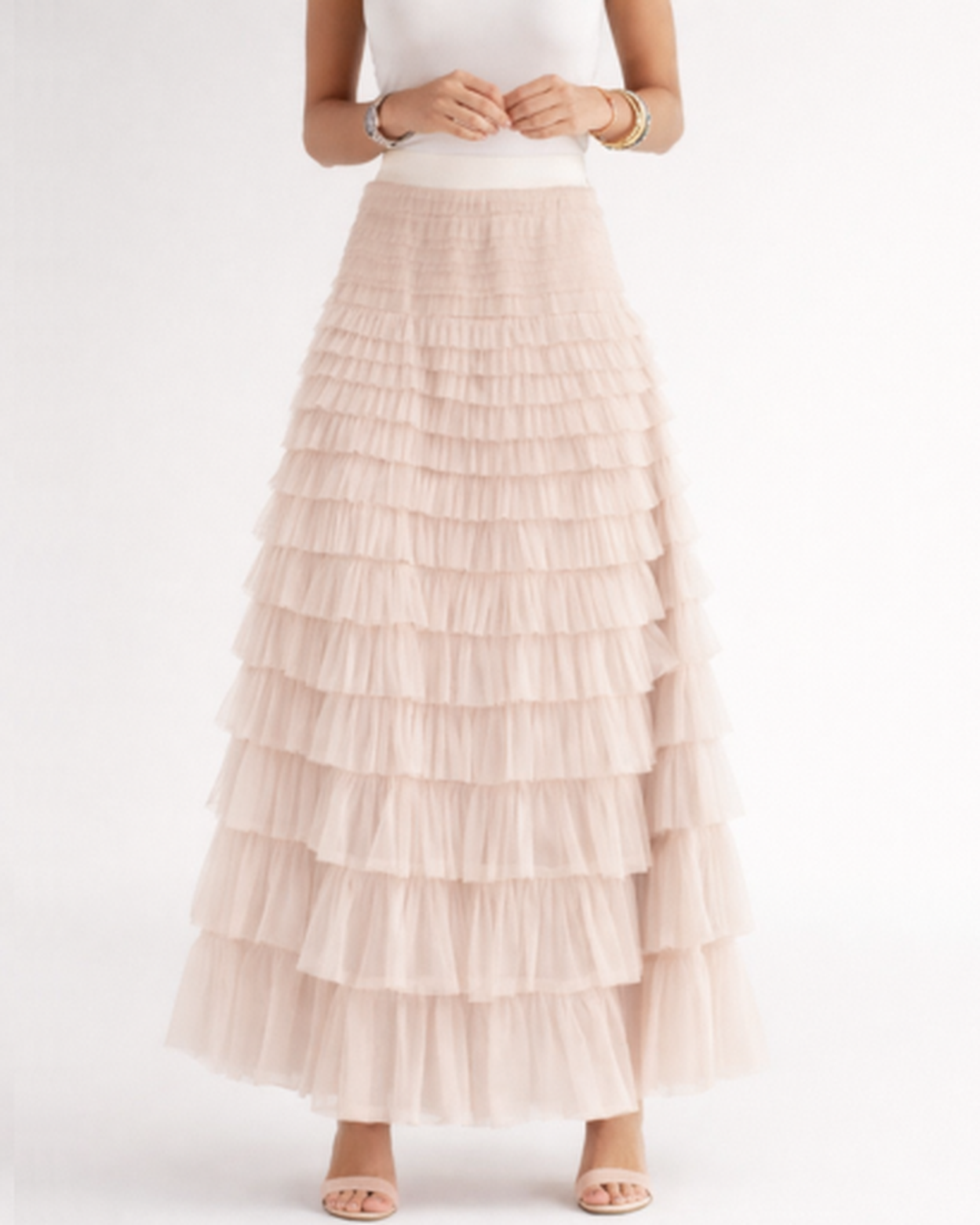 Jupe longue femme – tulle fluide à volants, taille haute | Jupe longue taille haute