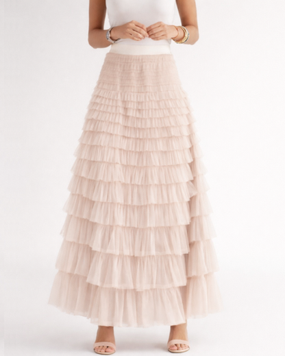 Jupe longue femme – tulle fluide à volants, taille haute | Jupe longue taille haute
