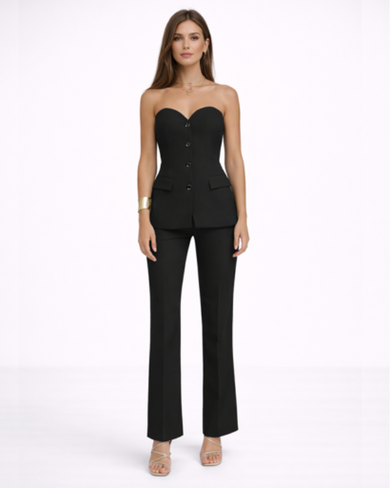 Ensemble Femme Bustier Boutonné Pantalon Évasé Élégant