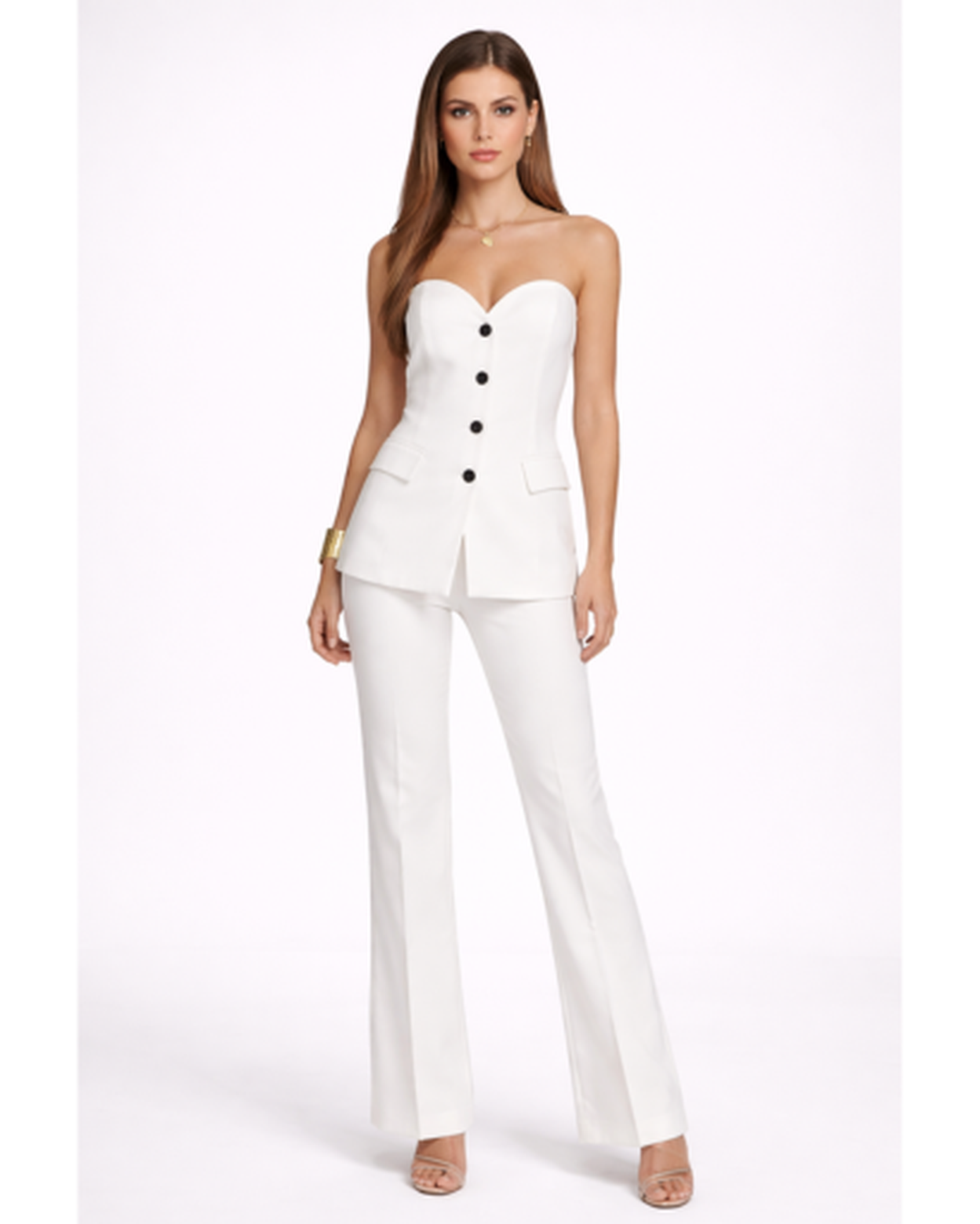 Ensemble Femme Bustier Boutonné Pantalon Évasé Élégant