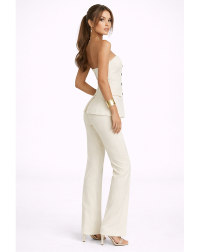 Ensemble Femme Bustier Boutonné Pantalon Évasé Élégant