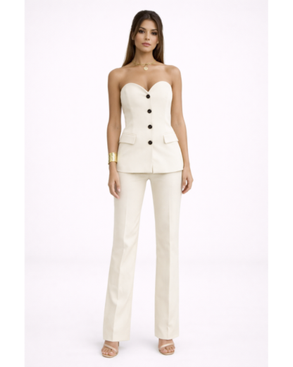 Ensemble Femme Bustier Boutonné Pantalon Évasé Élégant