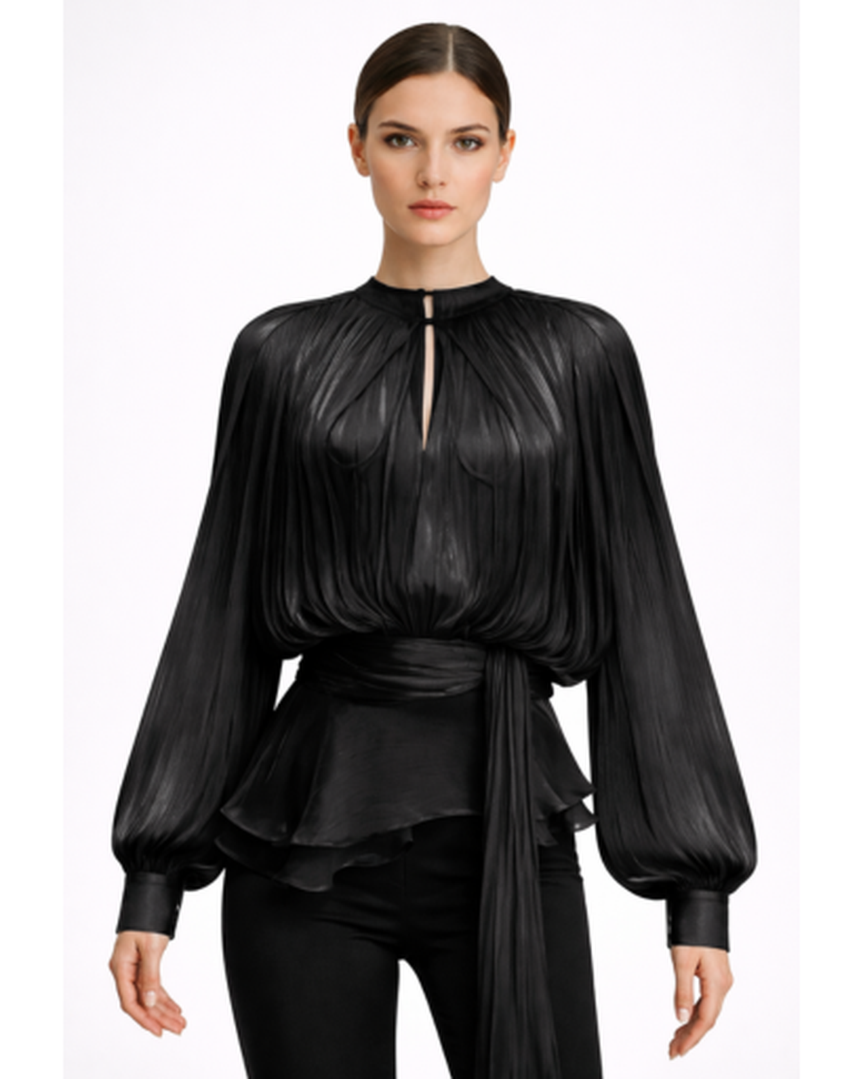 Blouse Femme – Plissée Fluide & Élégante à Ceinture Nouée | Blouse Col en V