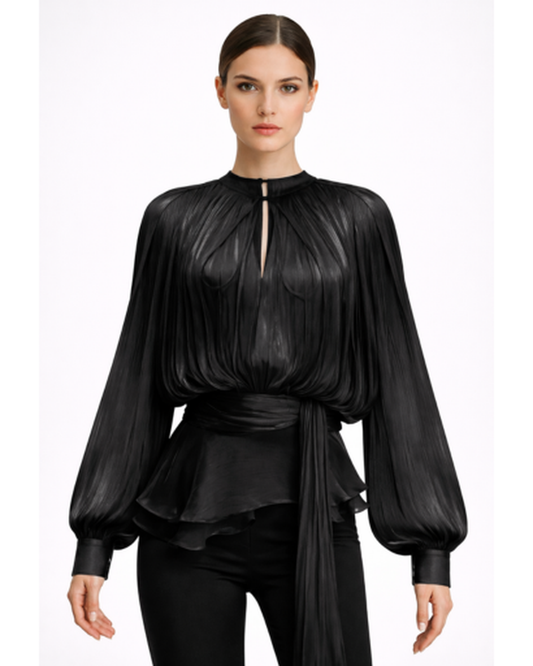 Blouse Femme – Plissée Fluide & Élégante à Ceinture Nouée | Blouse Col en V