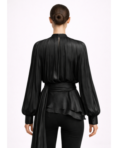Blouse Femme – Plissée Fluide & Élégante à Ceinture Nouée | Blouse Col en V