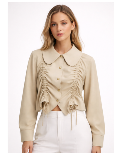 Blouse Femme – Coupe Courte Froncée Fluide et Respirante | Blouse en Lin Col Large