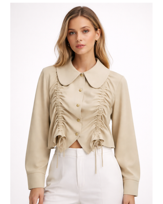Blouse Femme – Coupe Courte Froncée Fluide et Respirante | Blouse en Lin Col Large