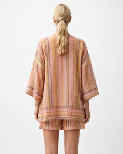 Ensemble kimono et short fluide femme – Style estival à rayures, manches larges | Ensemble jambe large taille haute