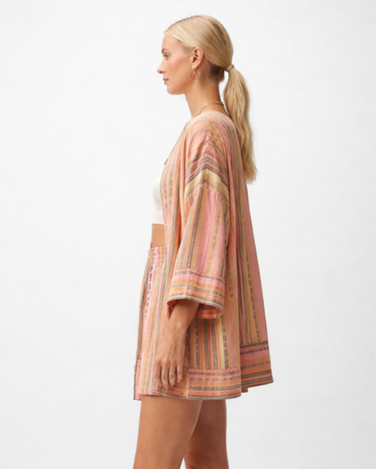 Ensemble kimono et short fluide femme – Style estival à rayures, manches larges | Ensemble jambe large taille haute