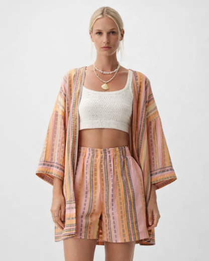 Ensemble kimono et short fluide femme – Style estival à rayures, manches larges | Ensemble jambe large taille haute