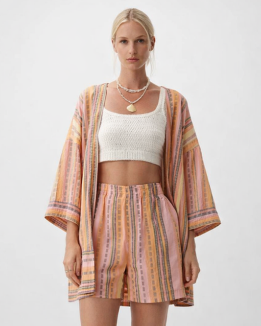 Ensemble kimono et short fluide femme – Style estival à rayures, manches larges | Ensemble jambe large taille haute