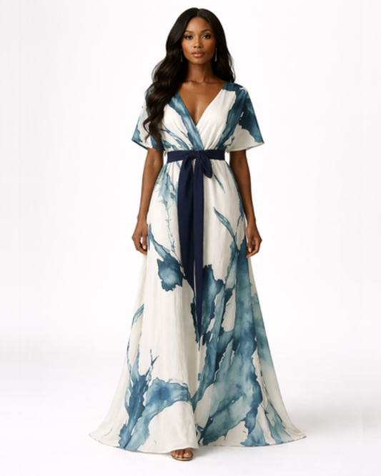 Robe longue fluide femme – élégance imprimé artistique col V | Robe maxi ceinturée