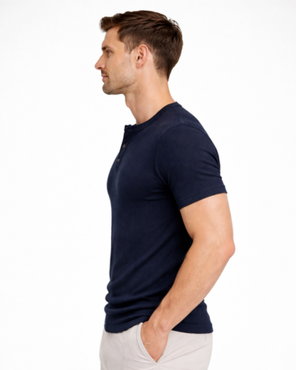 T-Shirt Col Tunisien Homme Côtelé – Coupe Ajustée & Matière Douce | Style Casual Estival