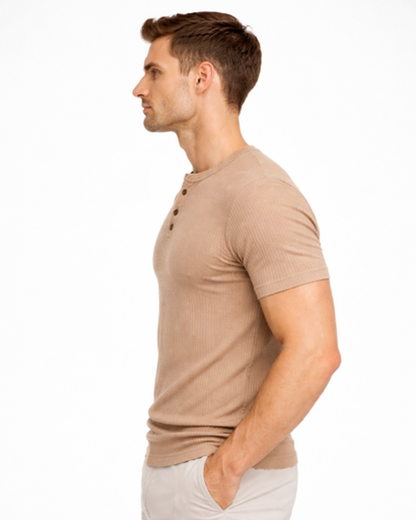 T-Shirt Col Tunisien Homme Côtelé – Coupe Ajustée & Matière Douce | Style Casual Estival
