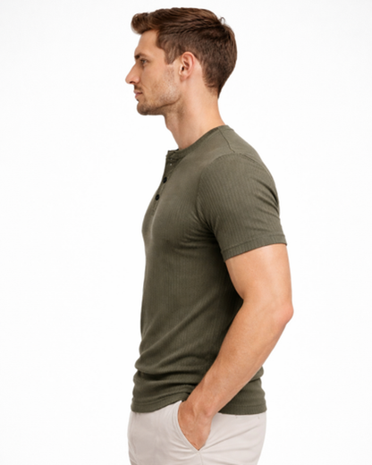 T-Shirt Col Tunisien Homme Côtelé – Coupe Ajustée & Matière Douce | Style Casual Estival