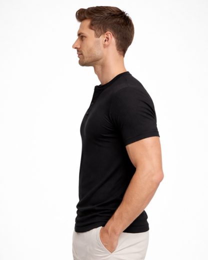T-Shirt Col Tunisien Homme Côtelé – Coupe Ajustée & Matière Douce | Style Casual Estival