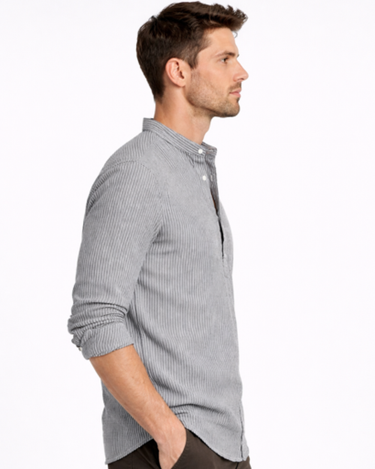 Chemise col tunisien à rayures verticales manches longues coupe ajustée