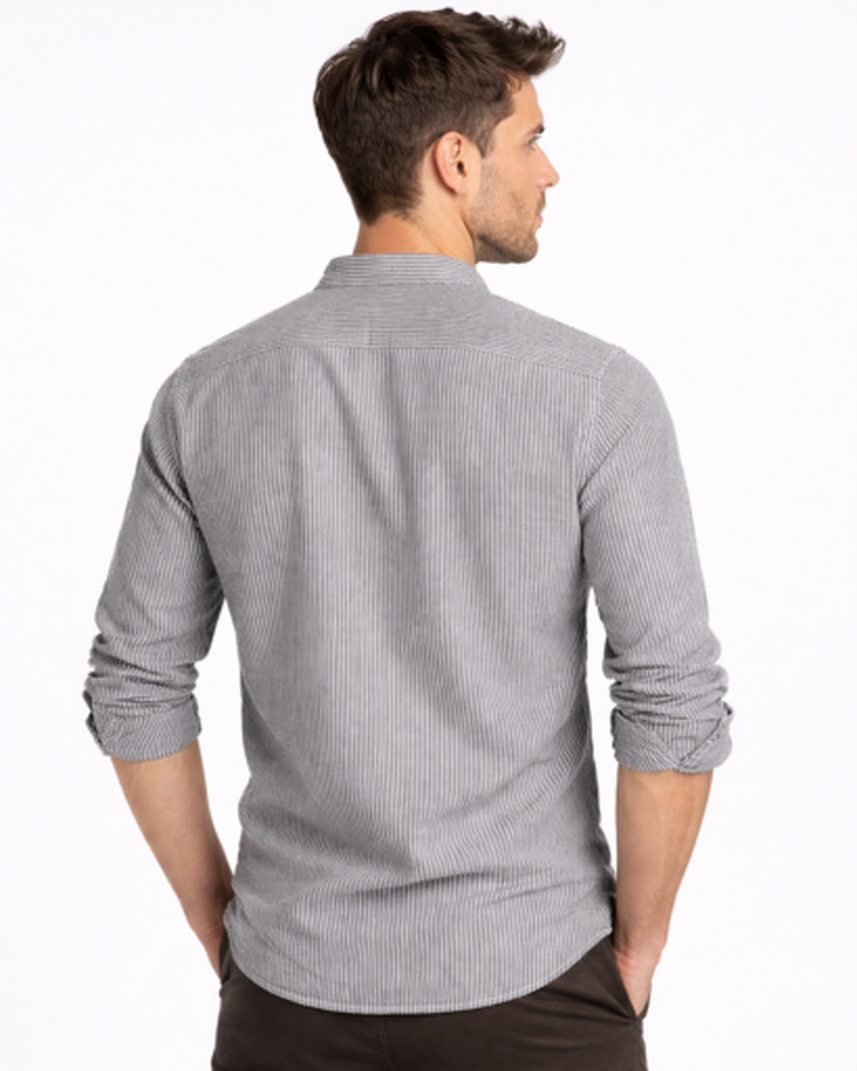 Chemise col tunisien à rayures verticales manches longues coupe ajustée