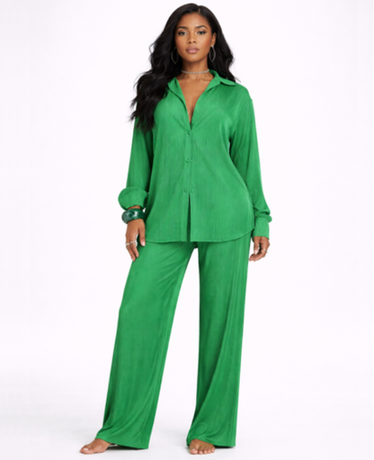 Ensemble Femme – Chemise & Pantalon Fluide Coupe Large, Style Décontracté Confort Chic