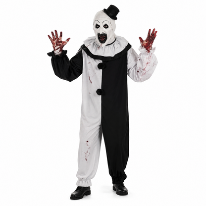 Costume harlequin noir et blanc avec large col à volant et pompons ronds, porté de face