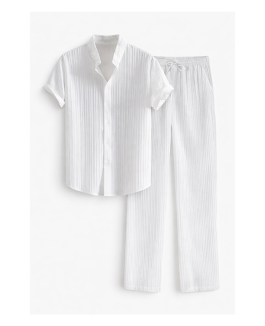 Ensemble Homme – Chemise Texturée Manches Courtes & Pantalon Droit, Style Estival Chic