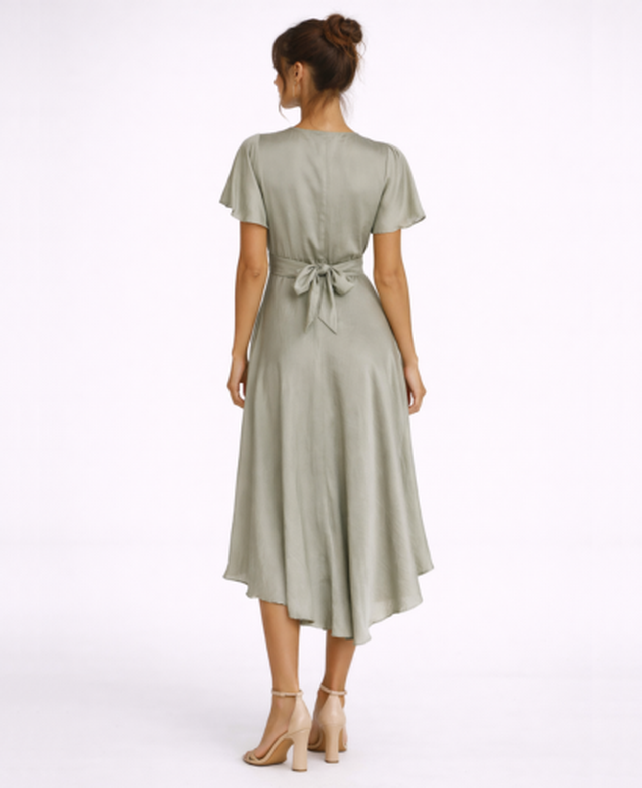 Robe Midi Femme Col en V – Coupe Évasée & Ceinture Nouée Asymétrique, Élégance Cocktail