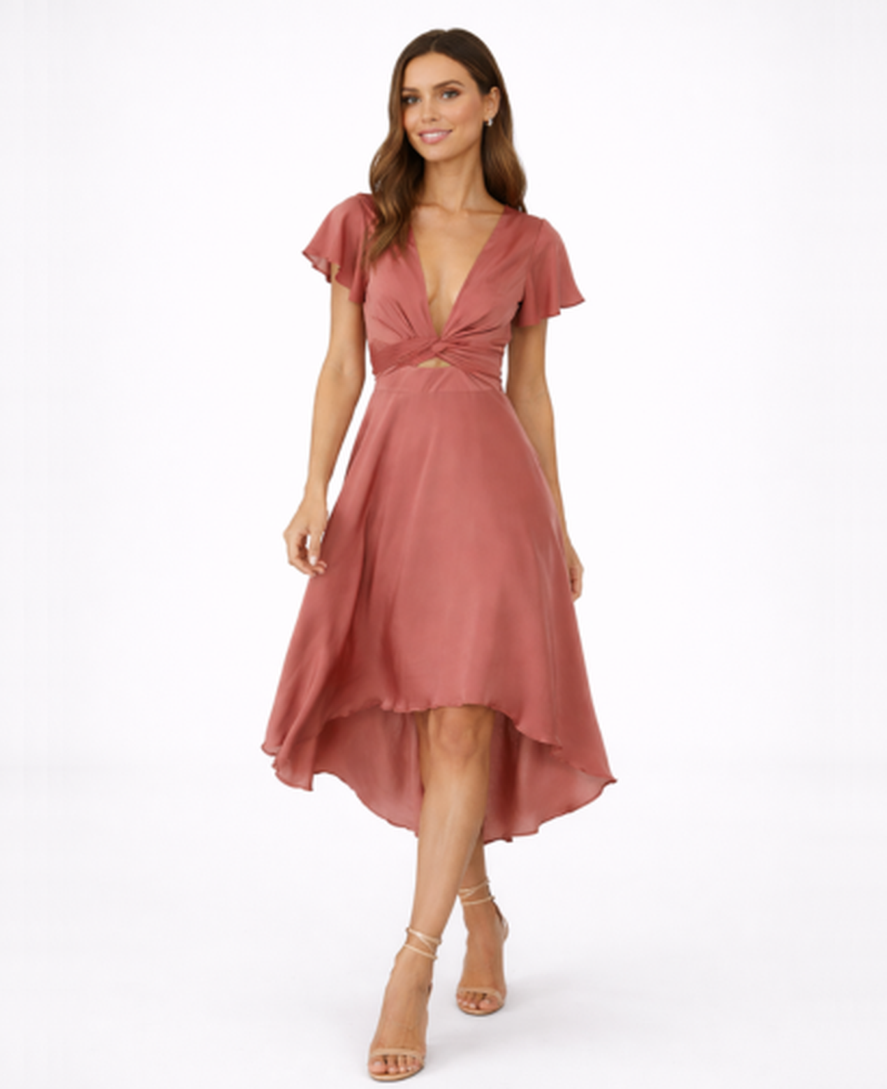 Robe Midi Femme Col en V – Coupe Évasée & Ceinture Nouée Asymétrique, Élégance Cocktail