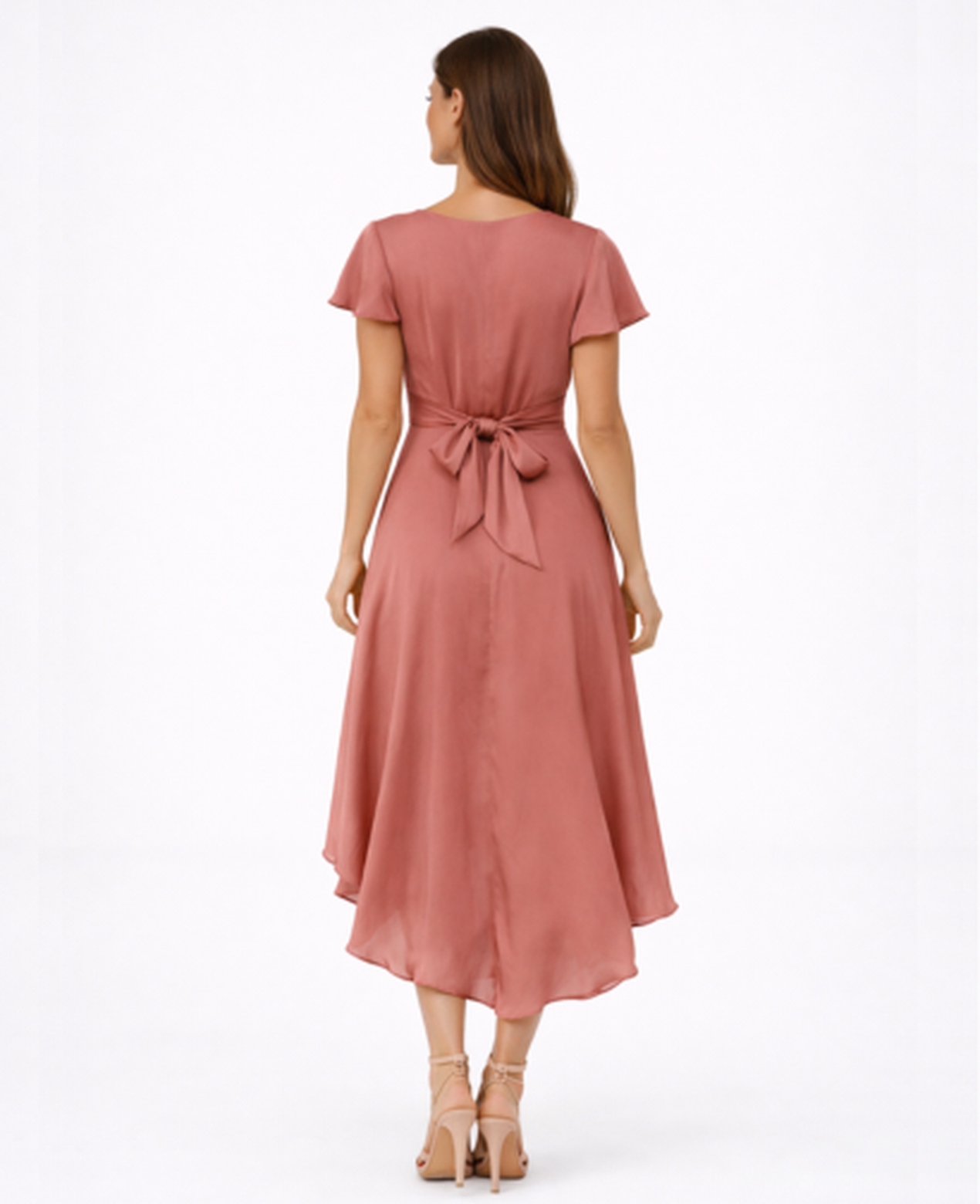 Robe Midi Femme Col en V – Coupe Évasée & Ceinture Nouée Asymétrique, Élégance Cocktail