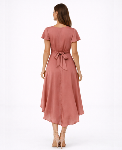Robe Midi Femme Col en V – Coupe Évasée & Ceinture Nouée Asymétrique, Élégance Cocktail