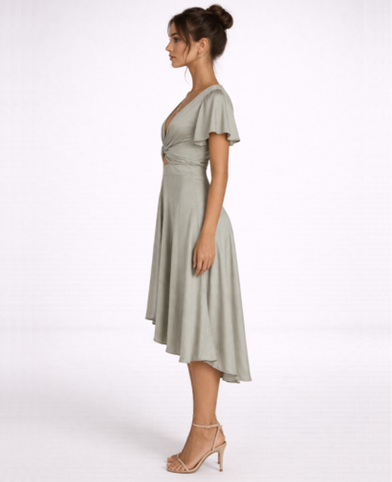 Robe Midi Femme Col en V – Coupe Évasée & Ceinture Nouée Asymétrique, Élégance Cocktail