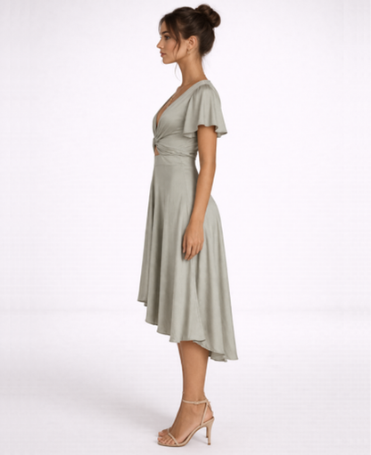 Robe Midi Femme Col en V – Coupe Évasée & Ceinture Nouée Asymétrique, Élégance Cocktail