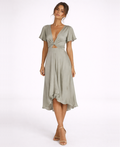 Robe Midi Femme Col en V – Coupe Évasée & Ceinture Nouée Asymétrique, Élégance Cocktail