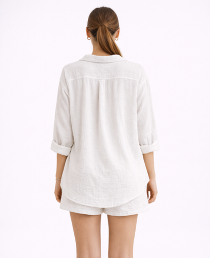 Ensemble Short Femme – Chemise Fluide Boutonnée & Taille Élastique, Style Estival Chic