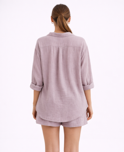 Ensemble Short Femme – Chemise Fluide Boutonnée & Taille Élastique, Style Estival Chic