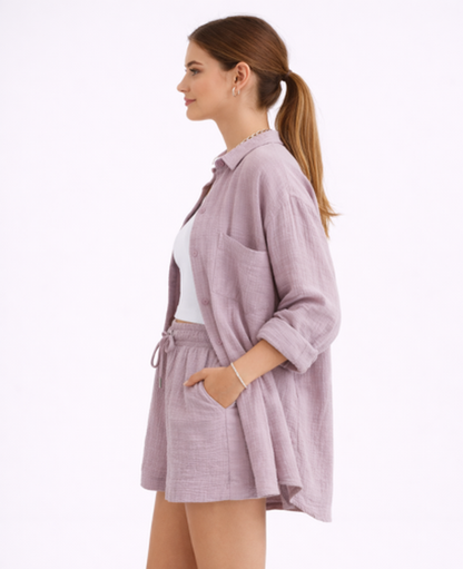 Ensemble Short Femme – Chemise Fluide Boutonnée & Taille Élastique, Style Estival Chic
