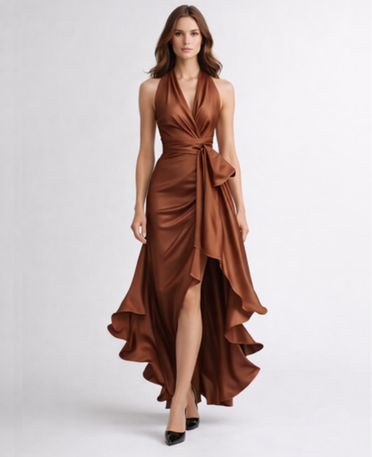 Robe longue satinée femme dos nu drapée avec fente et volants