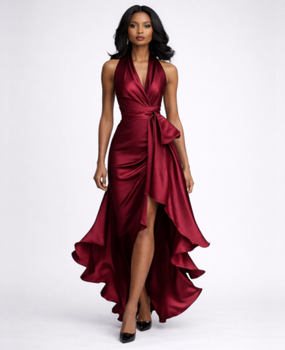 Robe longue satinée femme dos nu drapée avec fente et volants