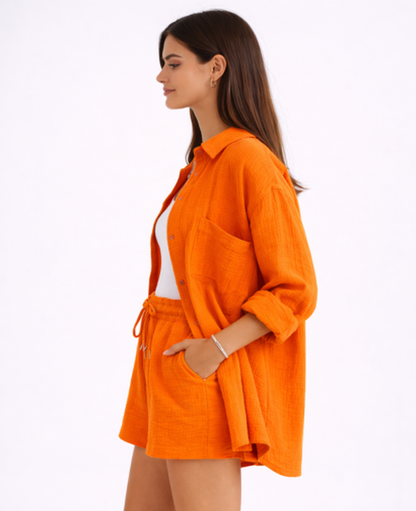 Ensemble Short Femme – Chemise Fluide Boutonnée & Taille Élastique, Style Estival Chic
