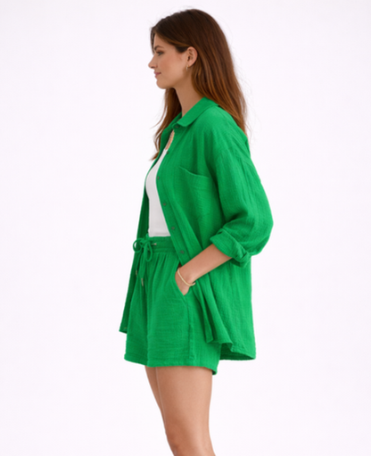 Ensemble Short Femme – Chemise Fluide Boutonnée & Taille Élastique, Style Estival Chic