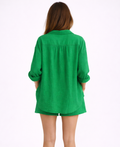 Ensemble Short Femme – Chemise Fluide Boutonnée & Taille Élastique, Style Estival Chic