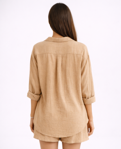 Ensemble Short Femme – Chemise Fluide Boutonnée & Taille Élastique, Style Estival Chic